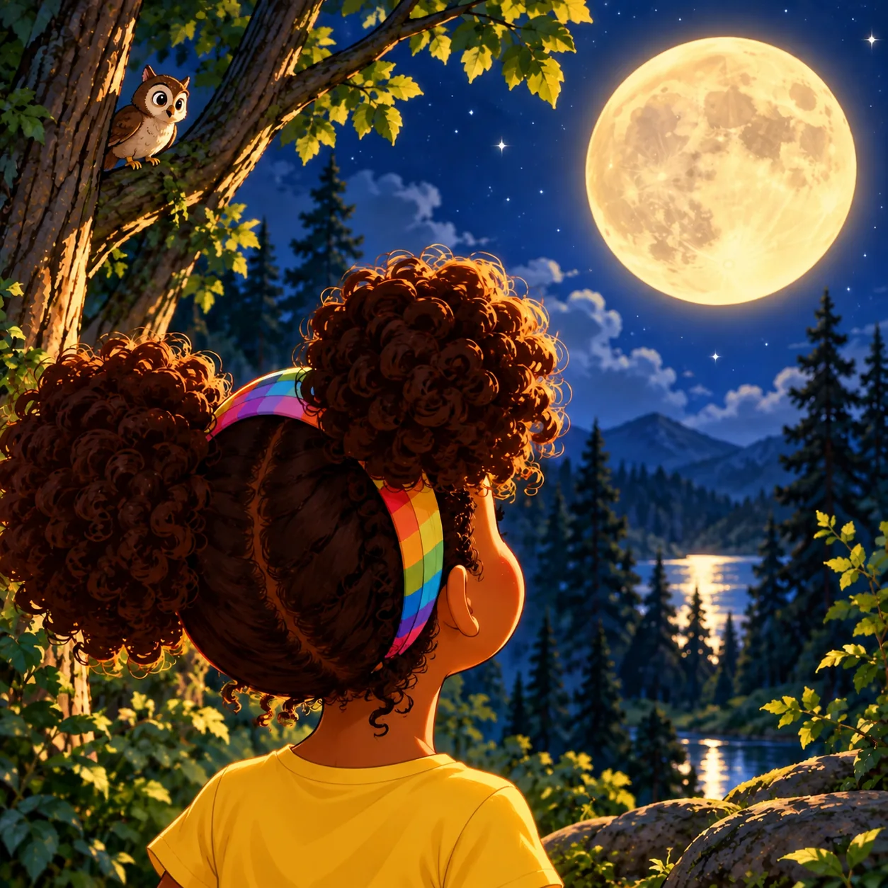 Salimata de espaldas mirando la luna